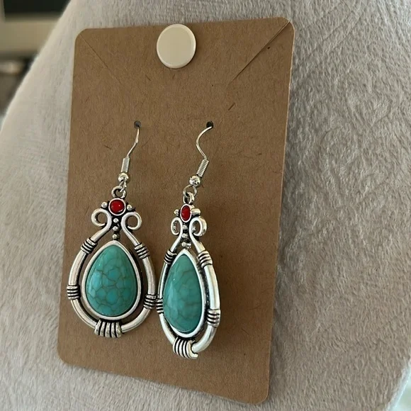 Boho Tribal Silver and Turquoise Color Teardrop Drop Dangle Earrings 2.5” - Picture 3 of 4
